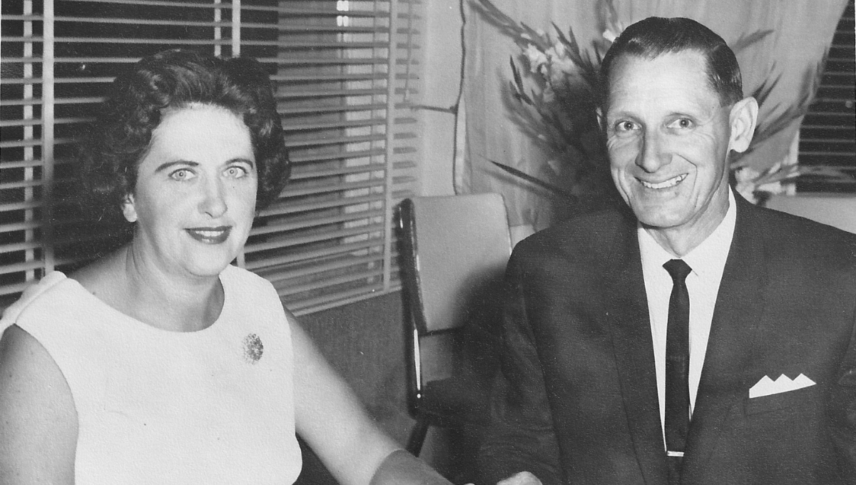 Black and white photo of centenarian Patricia Harrison with partner