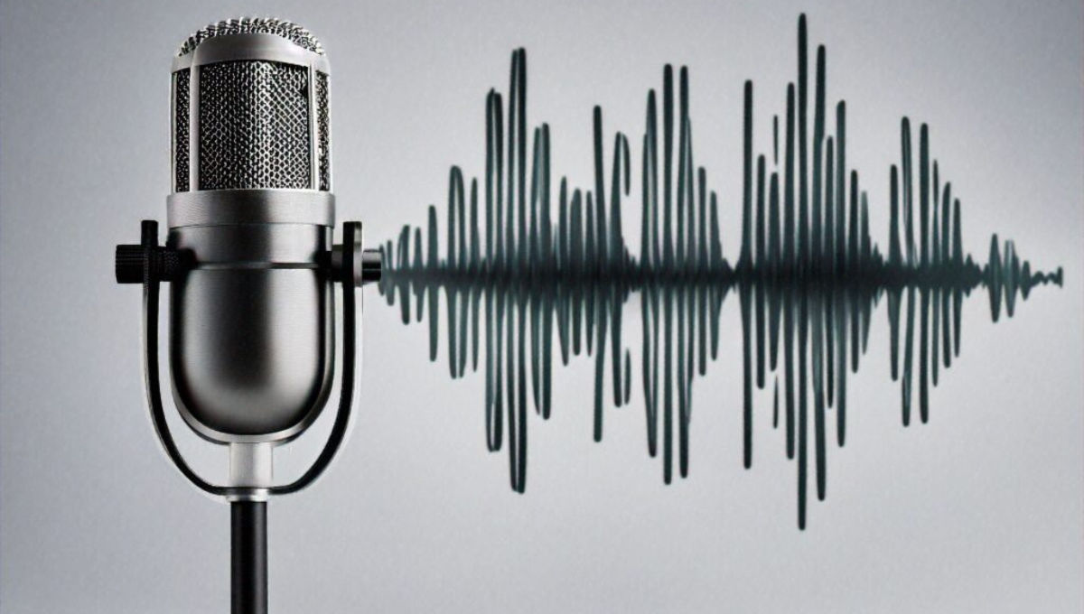 Podcast,Microphone,With,Sounds,Waves,And,Light,Gray,Background